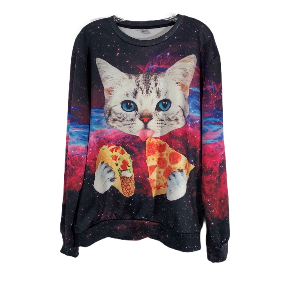Galaxy Cat Eating Taco and Pizza Top, Sz 2XL